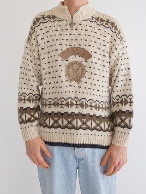 Vintage Secret Nordic Cream Brown Deer Mountain Graphic Zip Neck Knit Sweater L